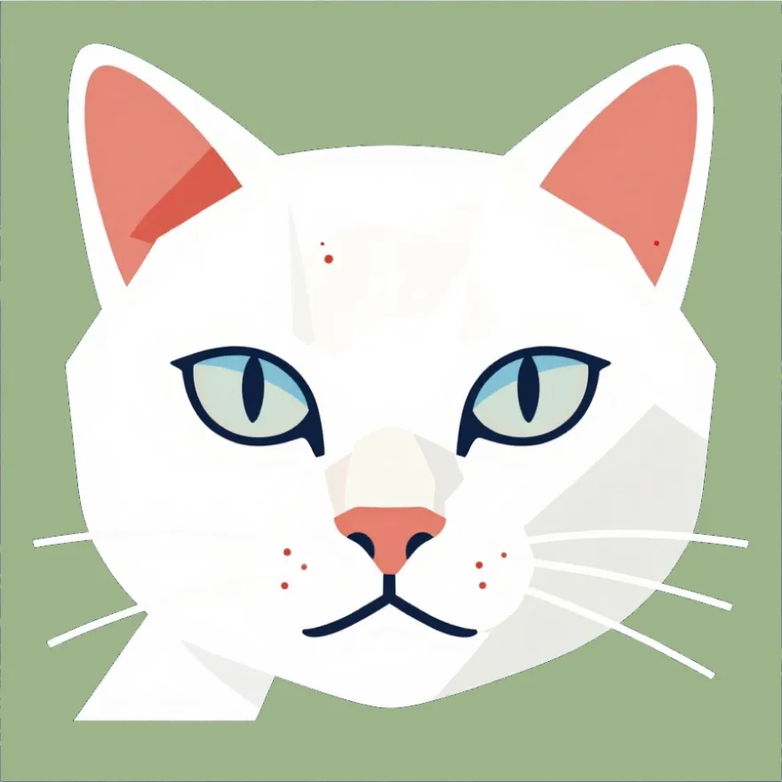 Portrait de Pablo, chat blanc aux oreilles et au nez corail, aux yeux bleu délavé, sur fond vert sauge